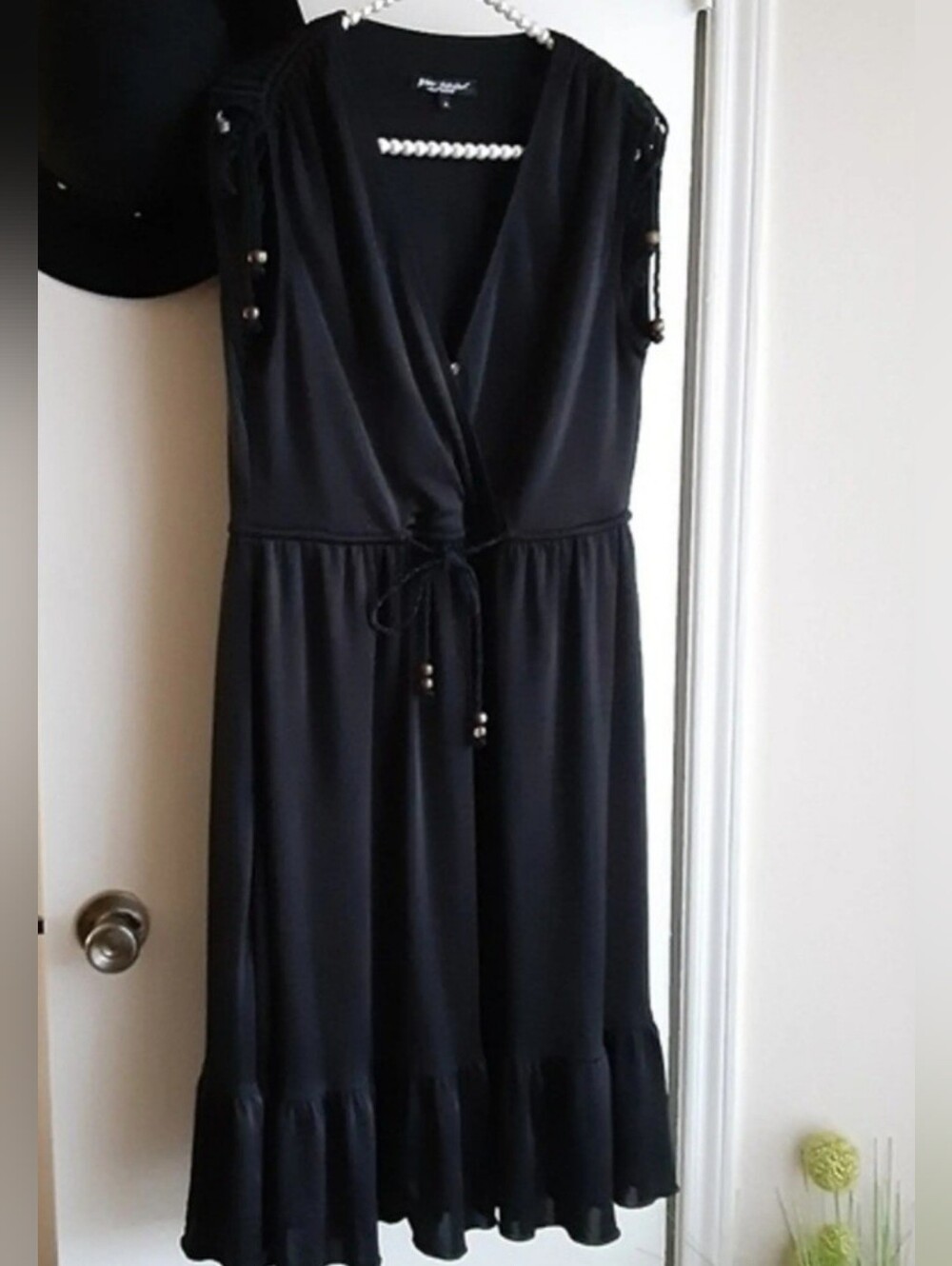 Betsey Johnson Black V Neck Drawstring Midi Dress Faux Wrap Boho Y2K Vintage